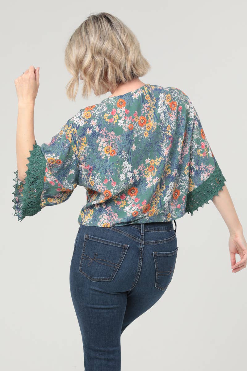 Nostalgia - E2V45-A625 V NECK LACE TRIM TIE WAIST KIMONO SLEEVES TOP - S