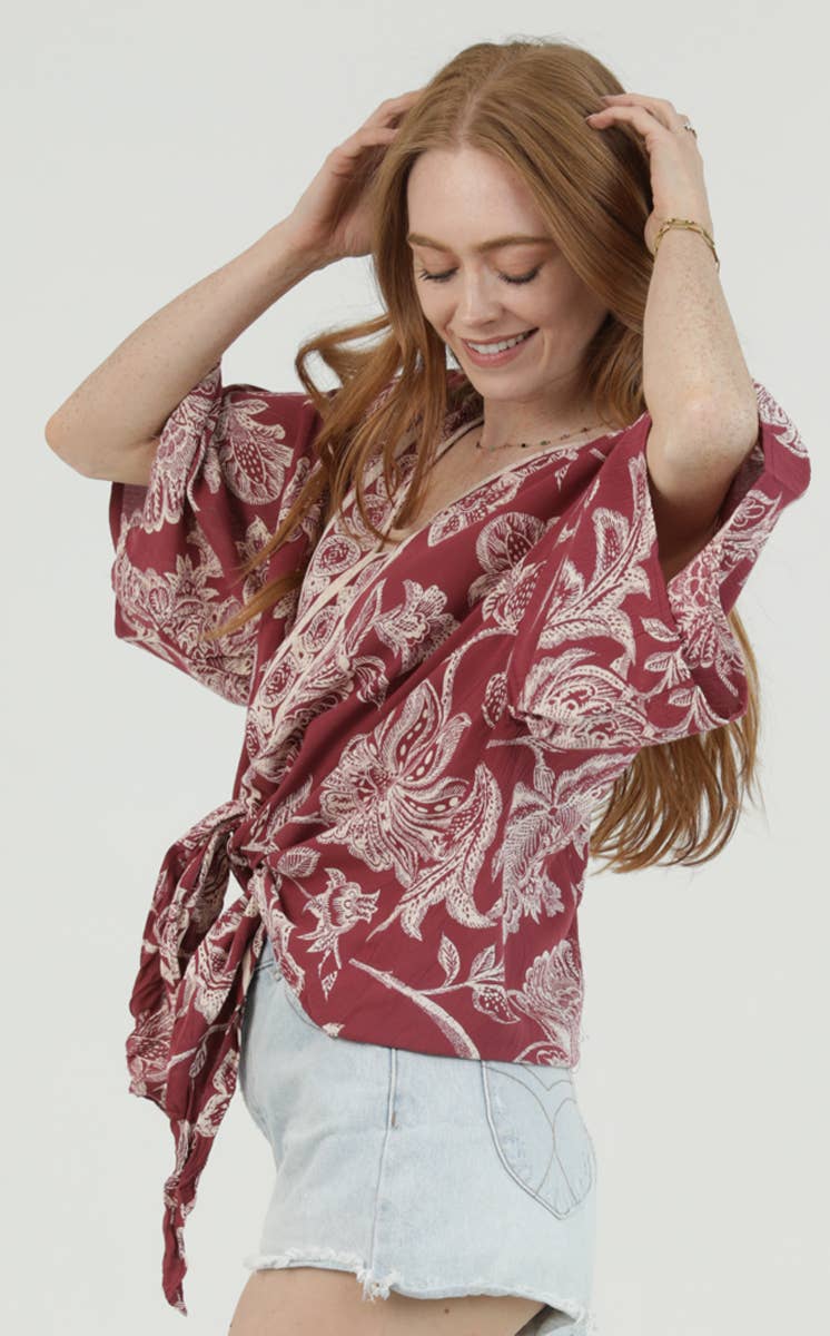 Nostalgia - N2Q81-A954 V-NECK TIE FRONT SHORT SLEEVE TOP - WINE / L