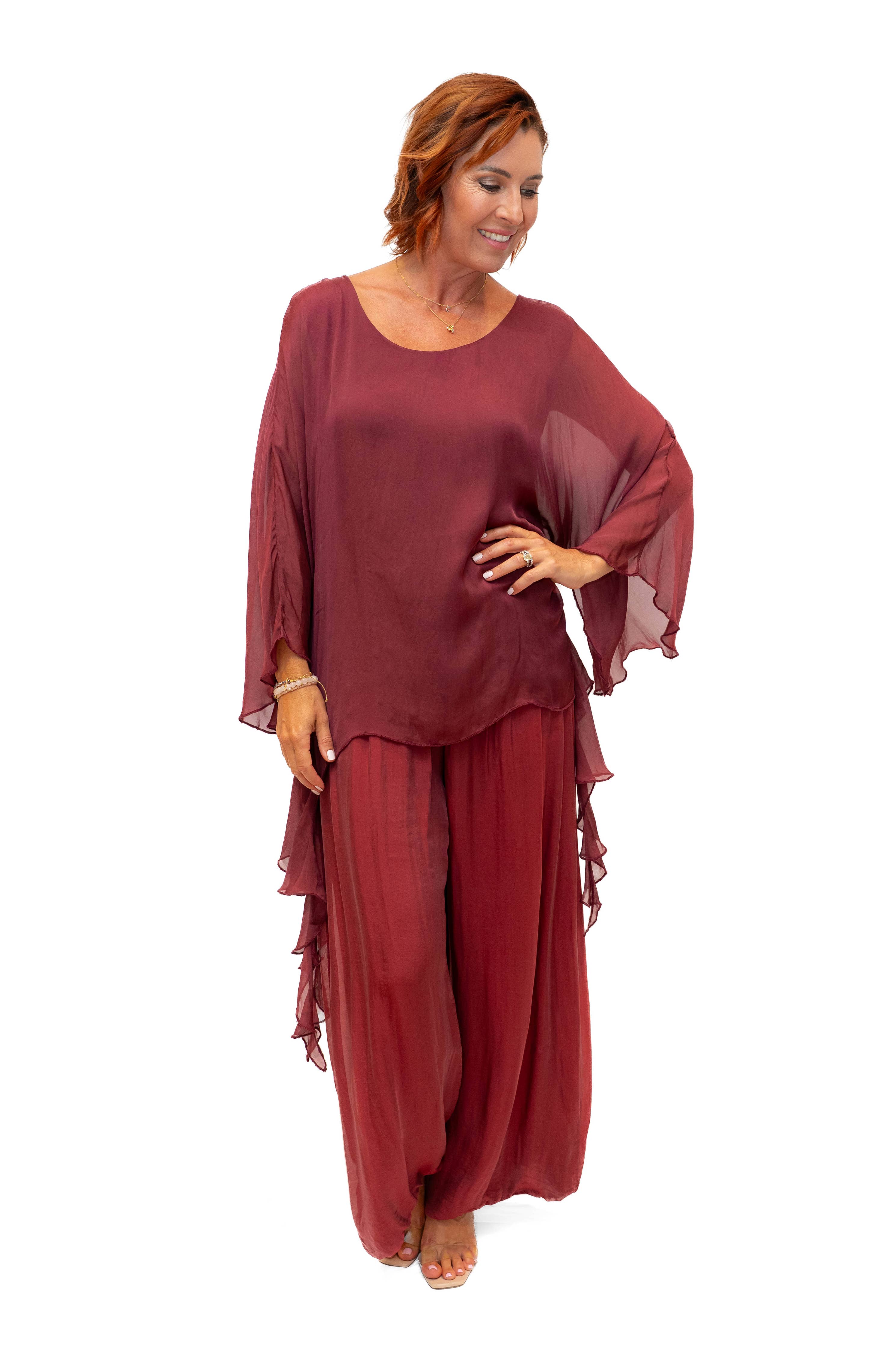 The Italian Closet - Adeline Pant- Bordeax- Silk pant with open hem and soft band