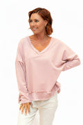 The Italian Closet - Baker- Baby Pink V Neck Fray Trim Satin hem cotton L/S Top