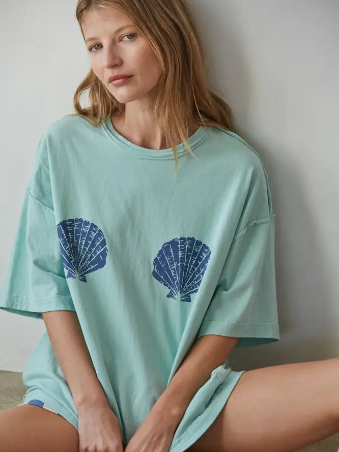 Graphic Shell Print Crew Oversized Tee - Mint