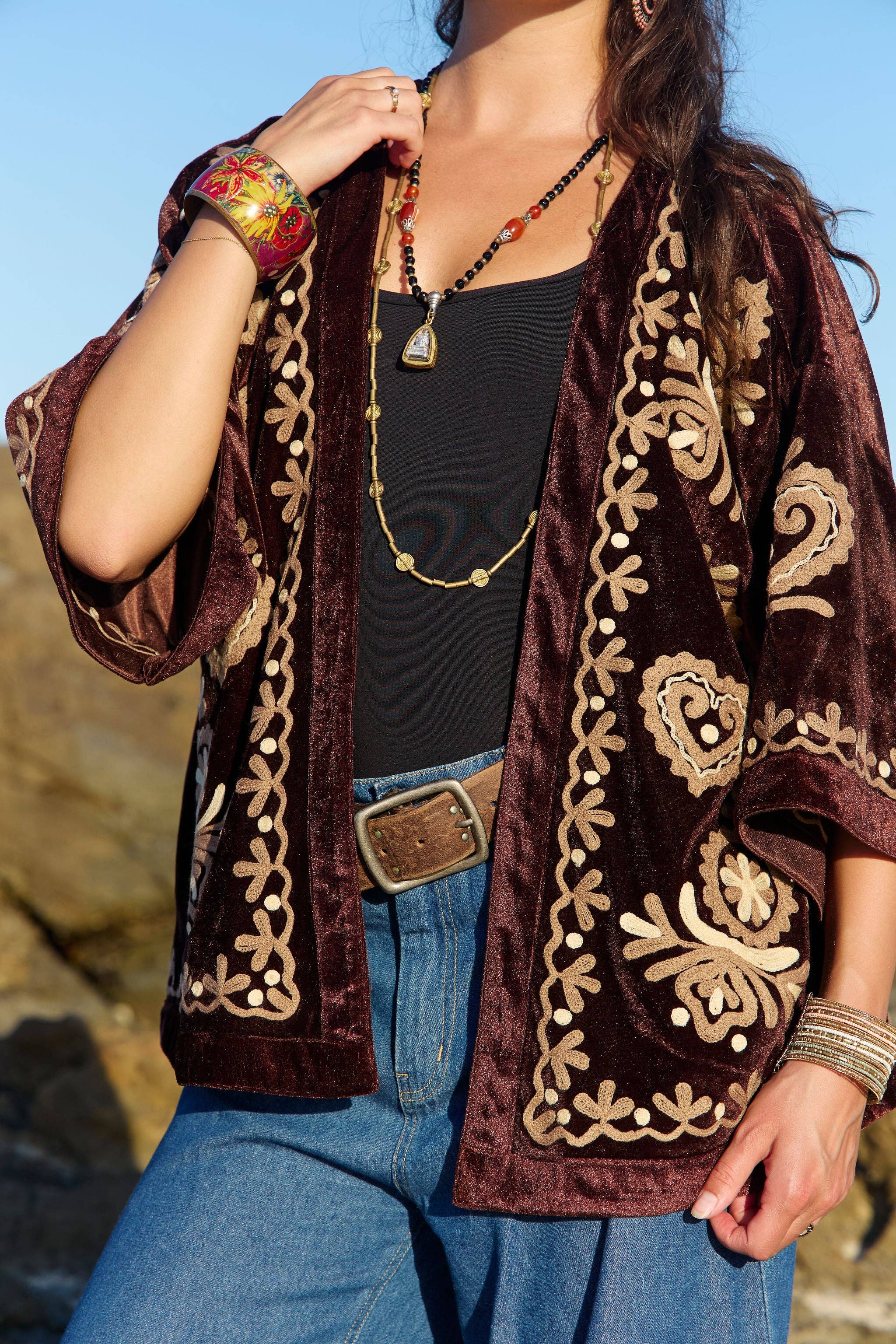 Velvet Kimono Jacket Bronte Embroidery Chocolate