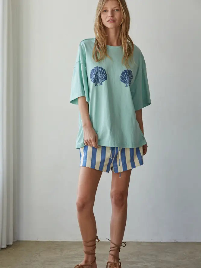 Graphic Shell Print Crew Oversized Tee - Mint