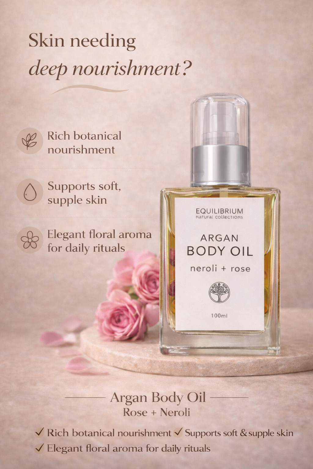 Equilibrium Natural Collections - ARGAN BODY OIL ROSE + NEROLI 100ML