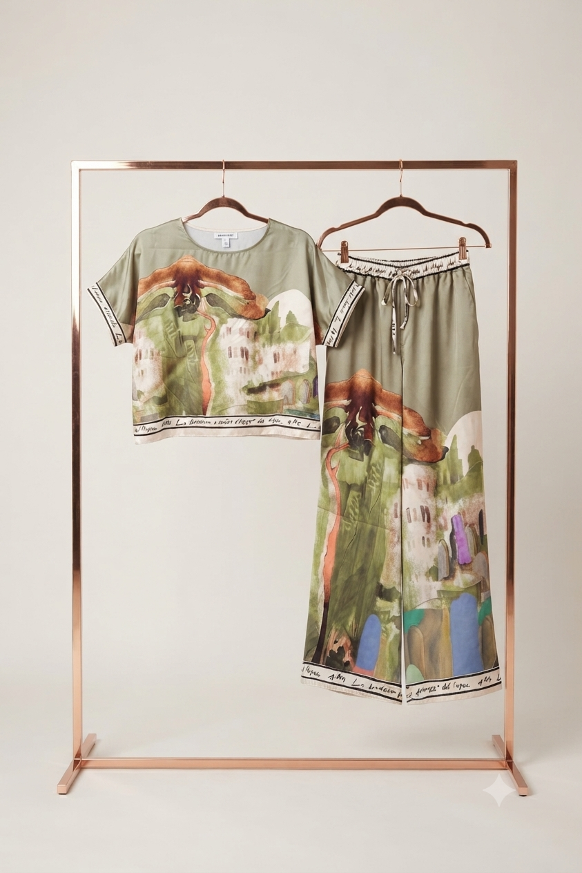 Take me to Italy - O/S - Italian Watercolour Women’s Pant & Oversized Relaxed Top Set- OLIVE  - Viscose/ Polyester blend, Made in Italy