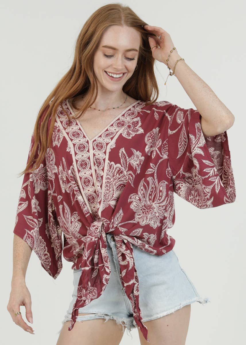 Nostalgia - N2Q81-A954 V-NECK TIE FRONT SHORT SLEEVE TOP - WINE / L