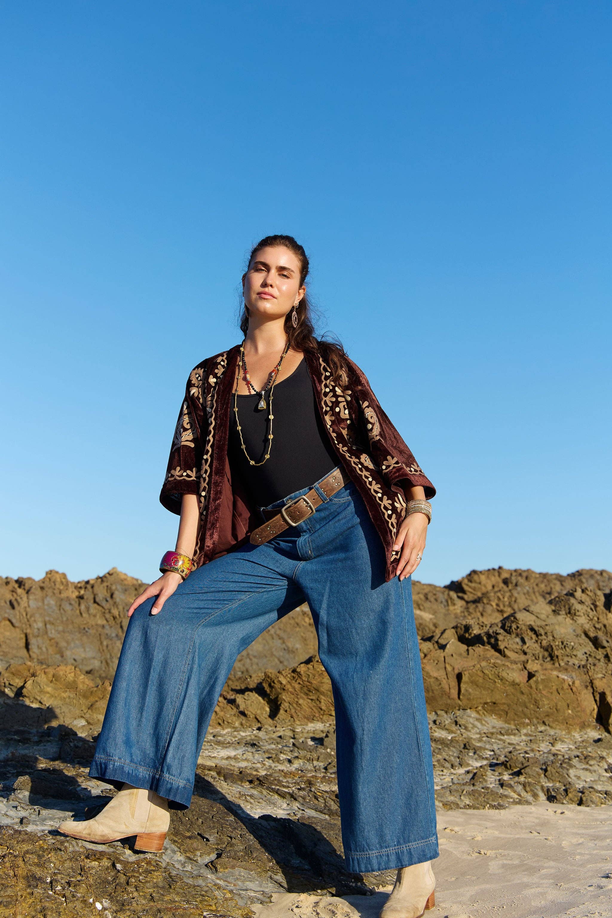 Velvet Kimono Jacket Bronte Embroidery Chocolate