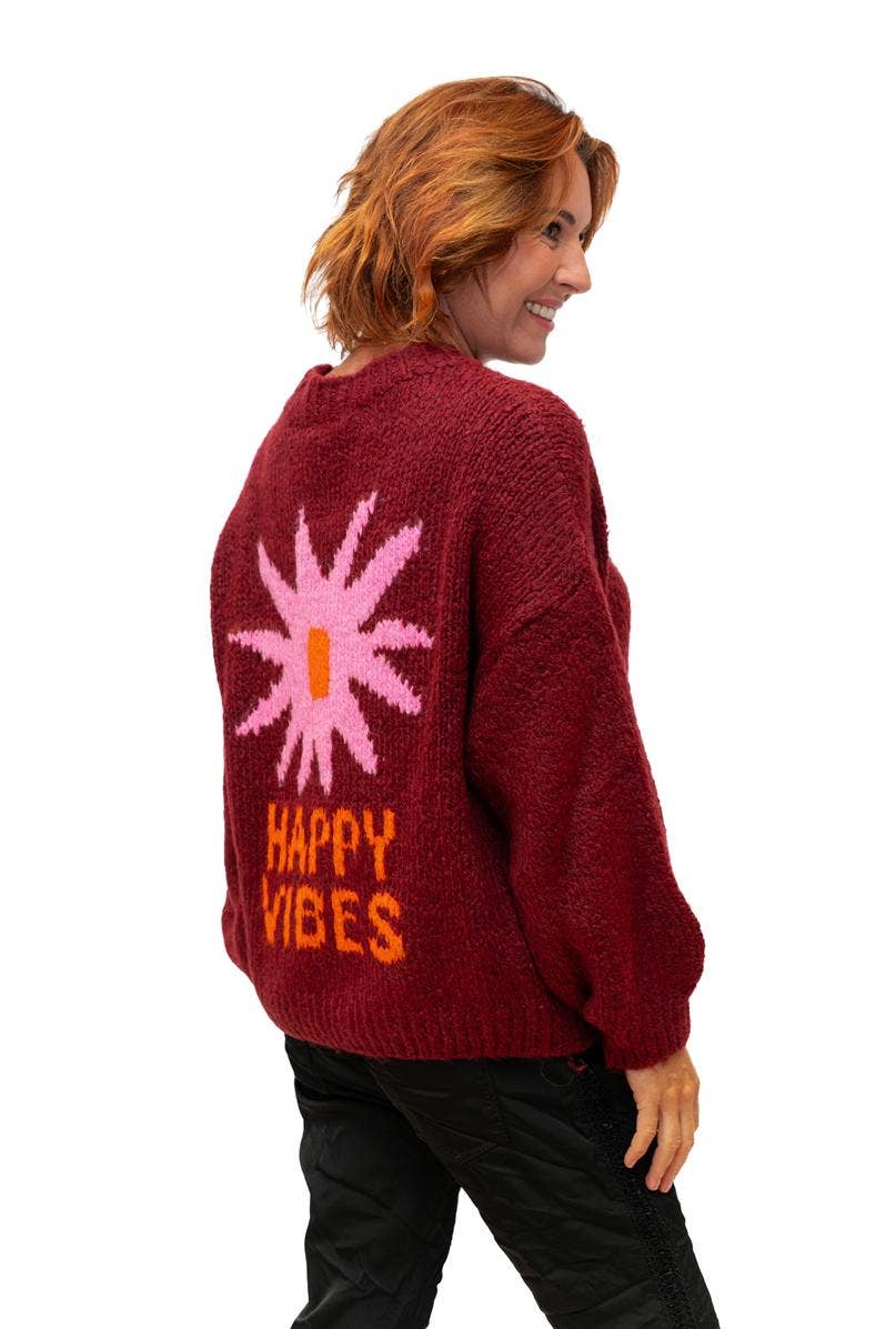 The Italian Closet - Vibe- Bordeaux- Wool Mix Knit with Happy Vibes