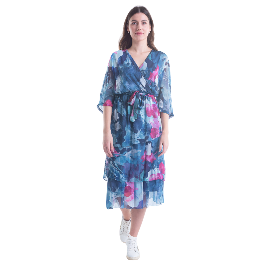 VeraMay - 6171 Blue Tuliplano Vera May Italian Silk Floral Dress - S