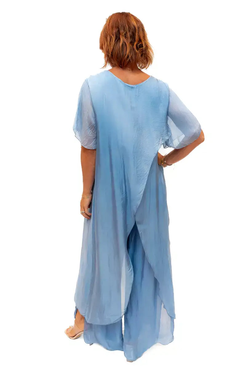 The Italian Closet - Avida- Denim-short sleeved side drape silk top