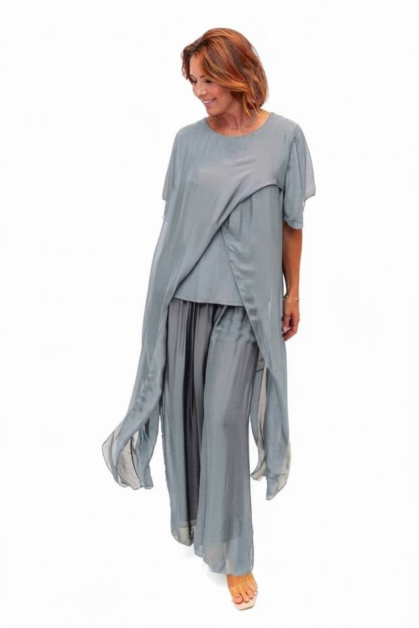 The Italian Closet - Avida- Grey-short sleeved side drape silk top
