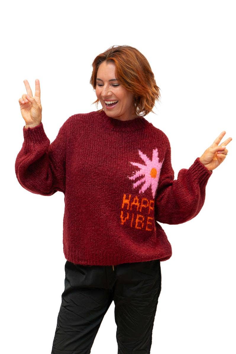 The Italian Closet - Vibe- Bordeaux- Wool Mix Knit with Happy Vibes