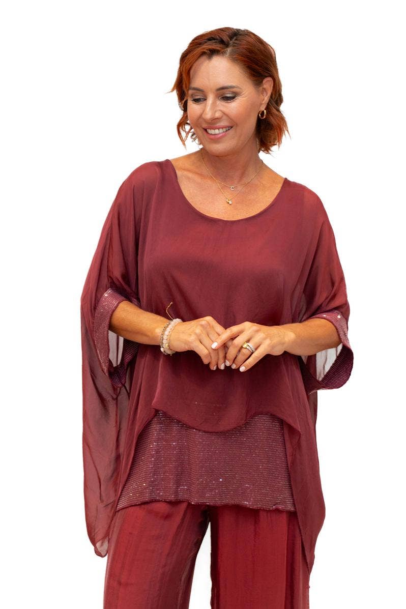 The Italian Closet - Elvera- Bordeaux- Silk tunic with sequin panel