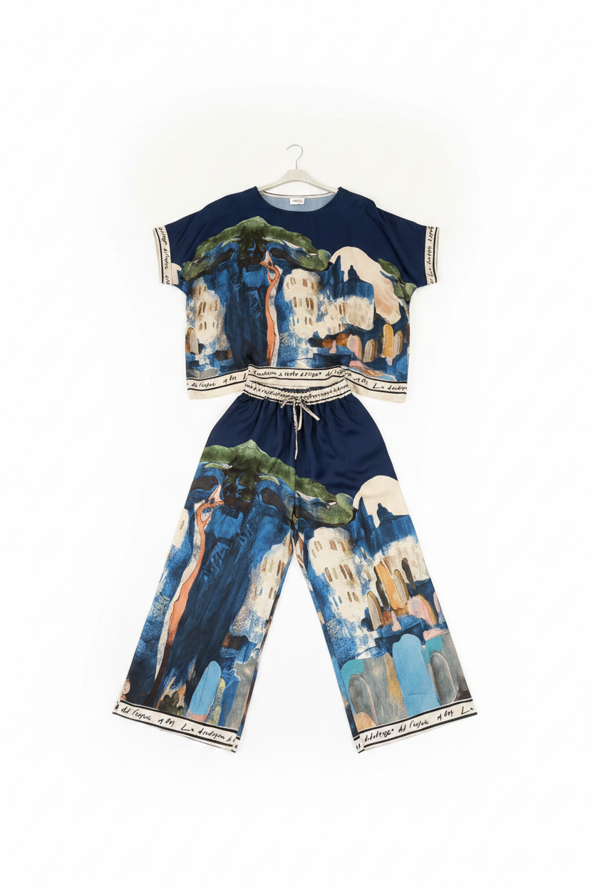 Take me to Italy - O/S - Italian Watercolour Women’s Pant & Oversized Relaxed Top Set- NAVY - Viscose/ Polyester blend, Made in Italy