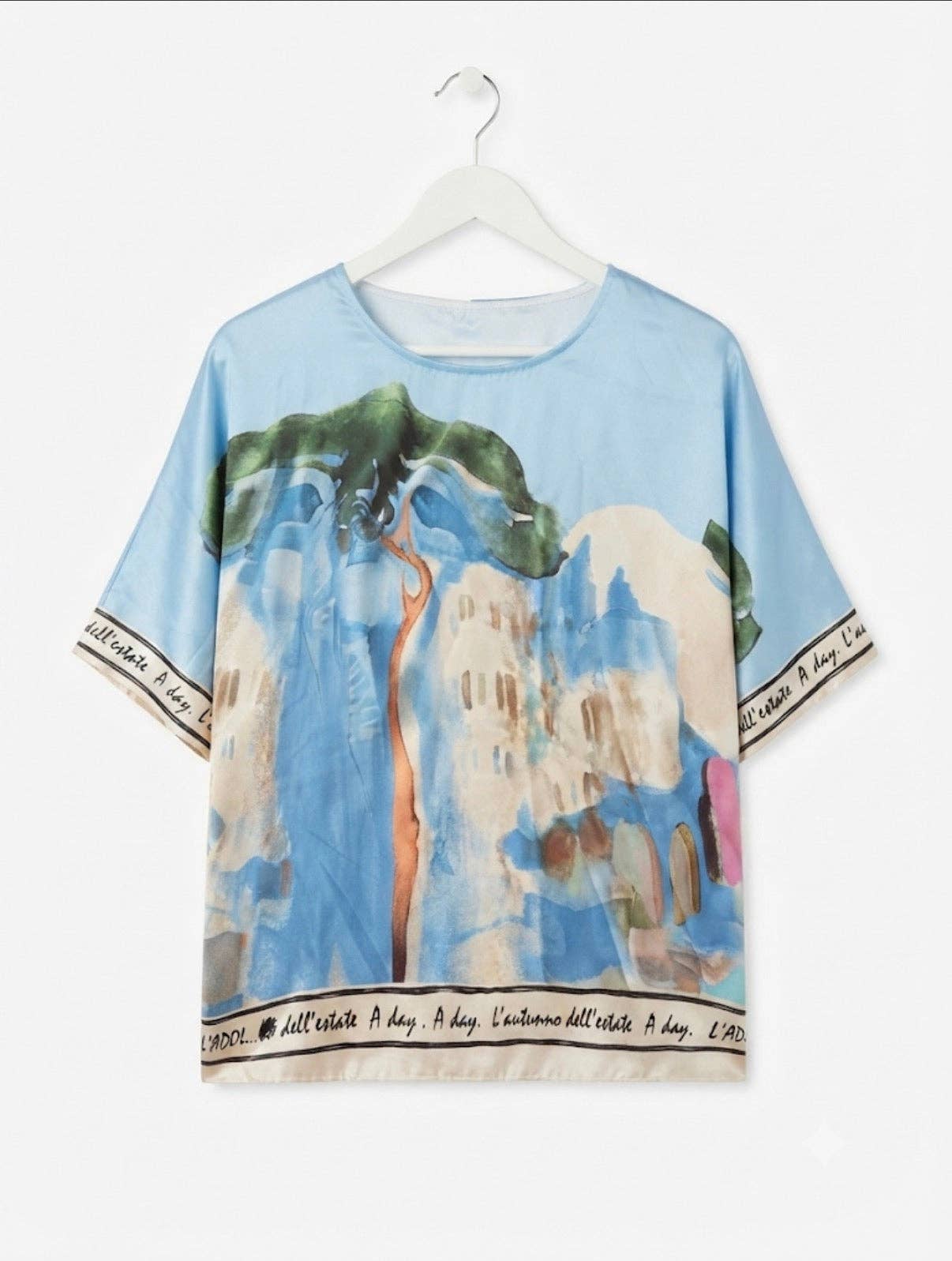 Take me to Italy - O/S - Italian Watercolour Women’s Pant & Oversized Relaxed Top Set- BABY BLUE - Viscose/ Polyester blend, Made in Italy