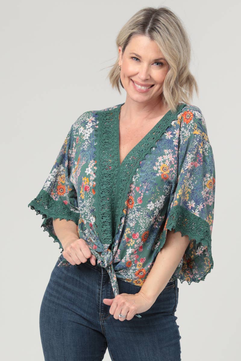 Nostalgia - E2V45-A625 V NECK LACE TRIM TIE WAIST KIMONO SLEEVES TOP - XL