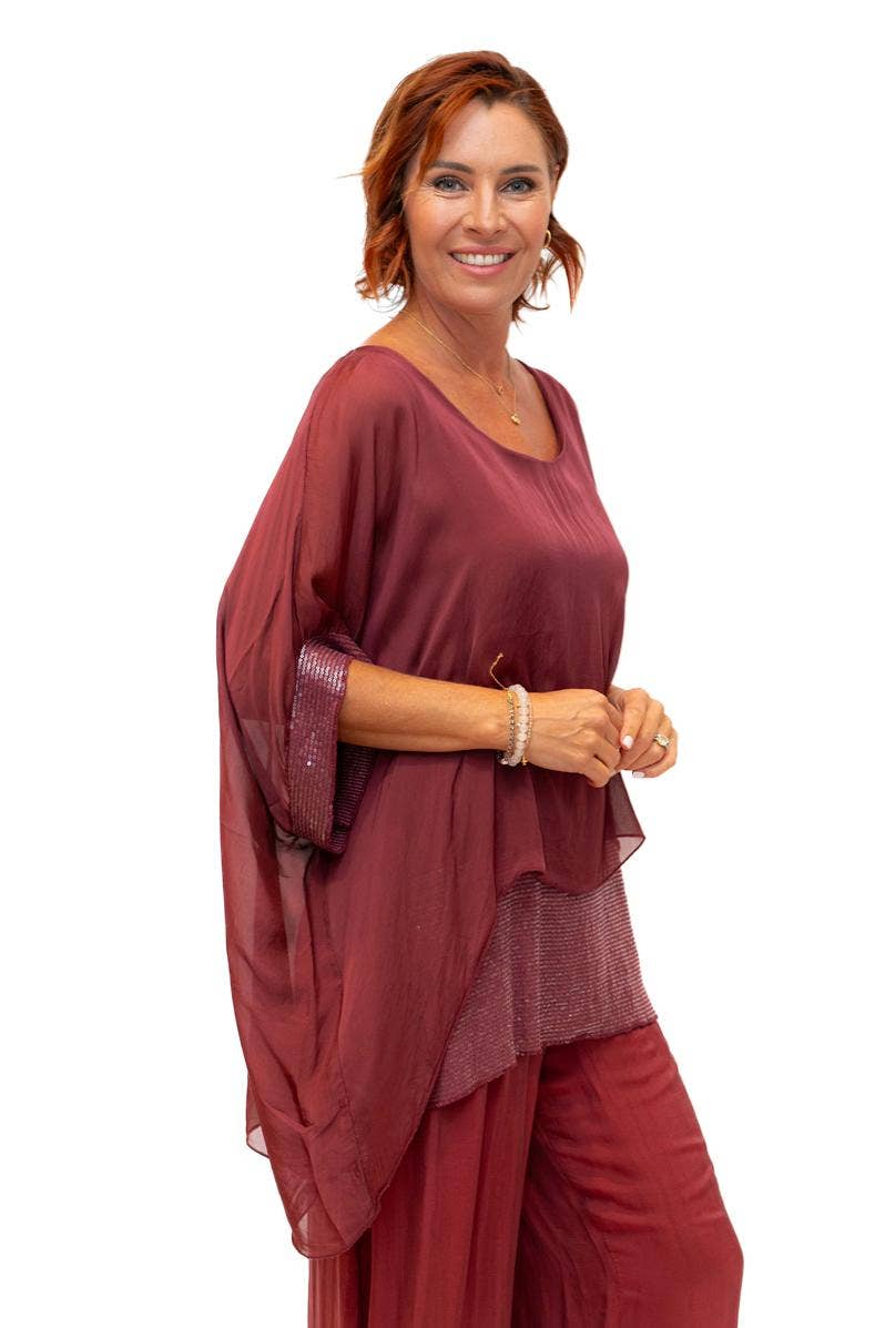 The Italian Closet - Elvera- Bordeaux- Silk tunic with sequin panel