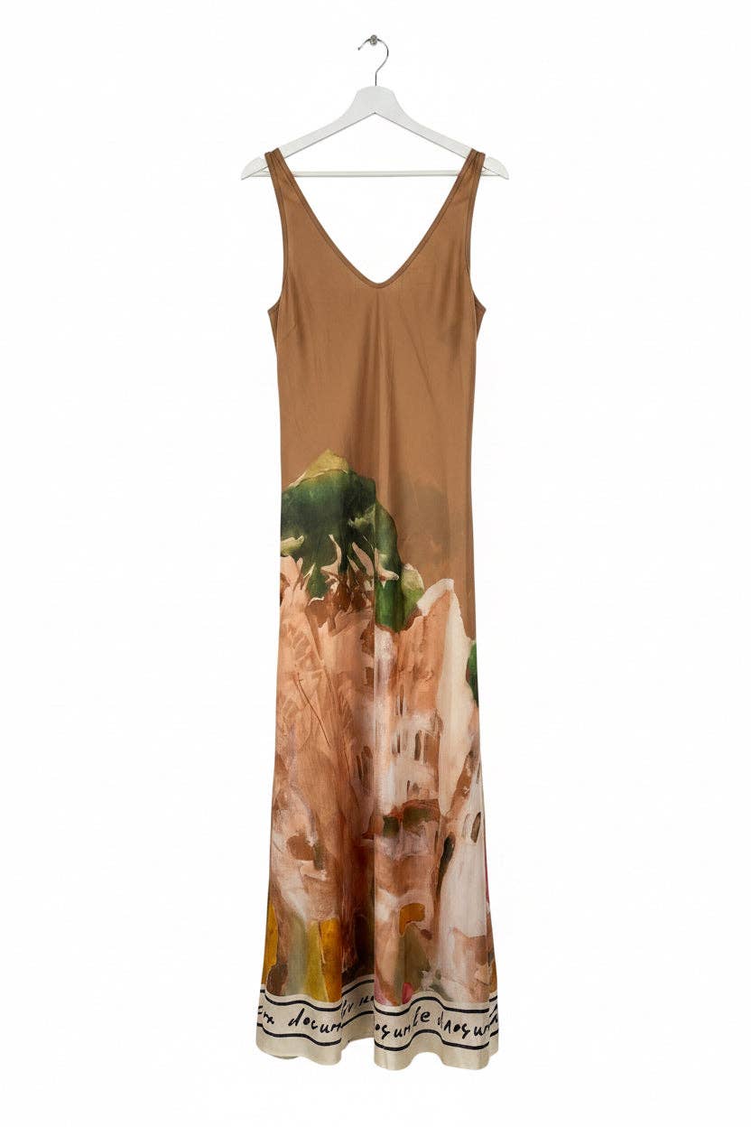 Take me to Italy - O/S Italian Silk WIDE STRAP V-Maxi Dress -GOLDEN BROWN