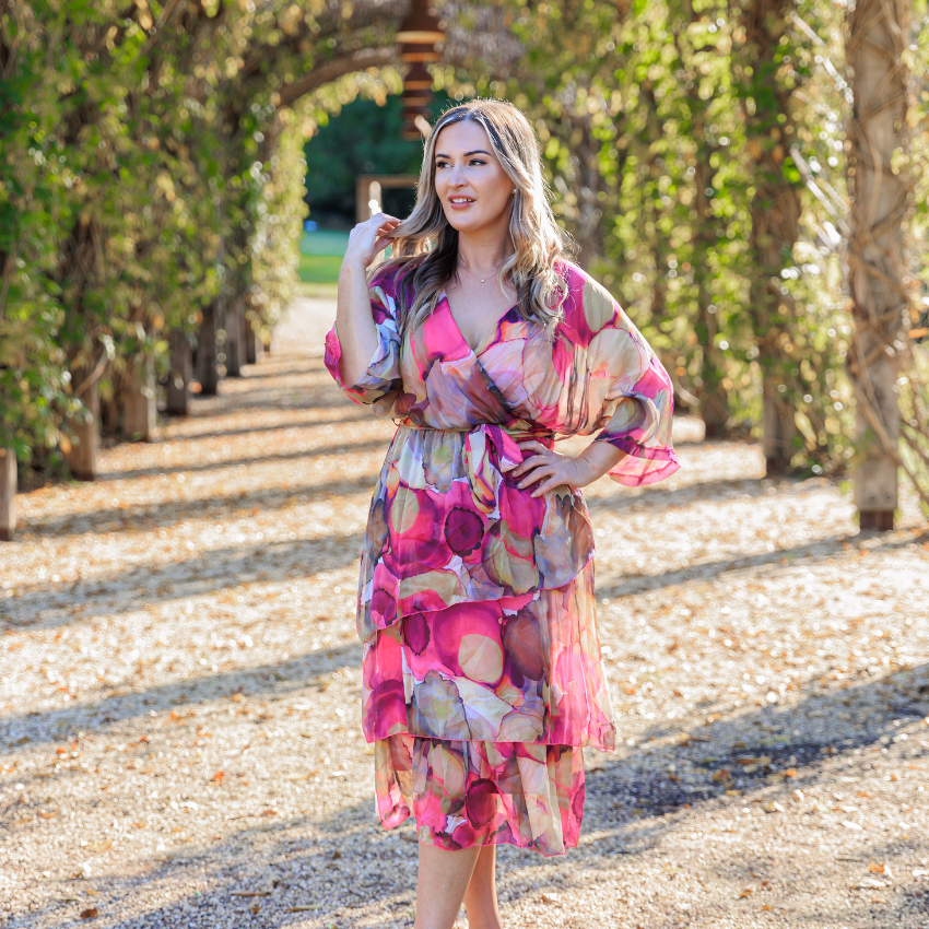 VeraMay - 6171 Pink Vera May Italian Silk Floral Dress - L