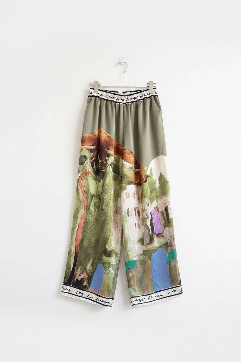 Take me to Italy - O/S - Italian Watercolour Women’s Pant & Oversized Relaxed Top Set- OLIVE  - Viscose/ Polyester blend, Made in Italy