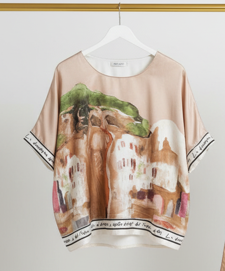 Take me to Italy - Italian Watercolour Relaxed Fit Top-GOLDEN BEIGE- Viscose/ Polyester Blend- O/S - Taupe