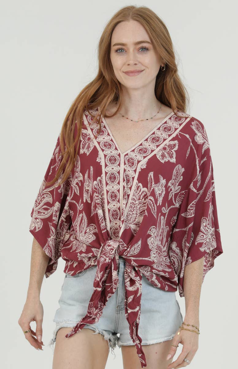 Nostalgia - N2Q81-A954 V-NECK TIE FRONT SHORT SLEEVE TOP - WINE / M