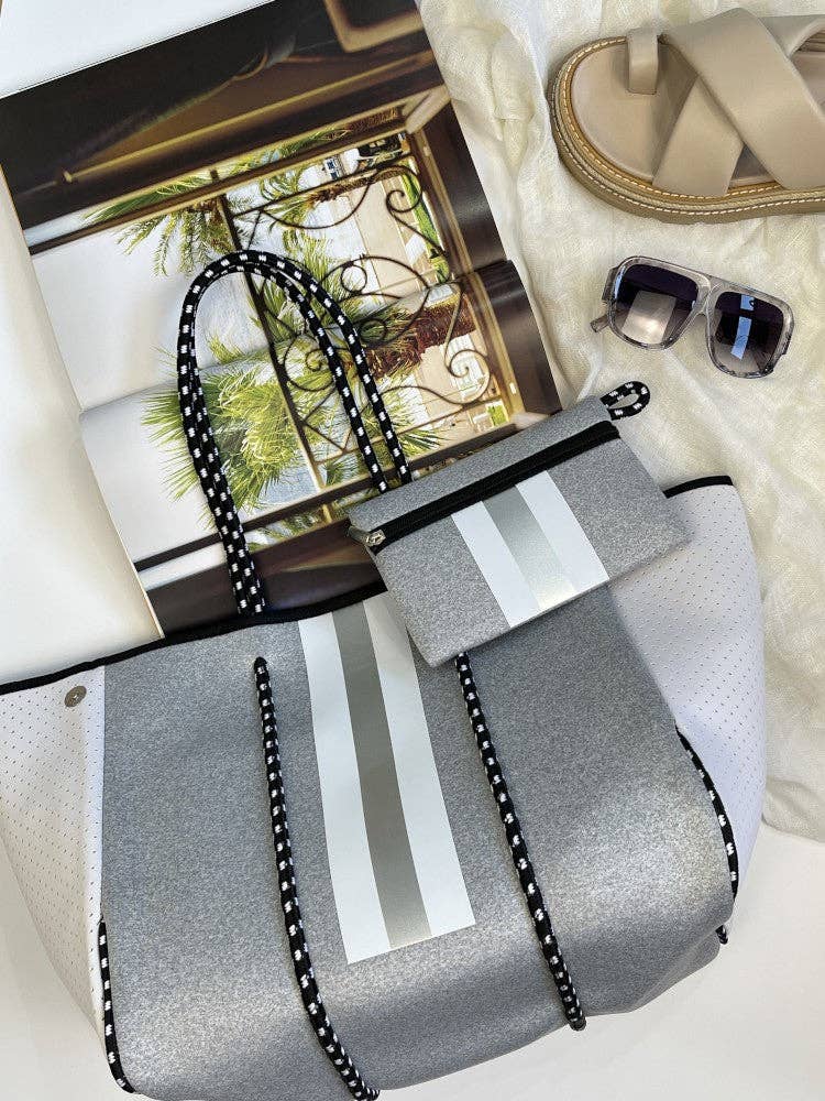 Nakoa The Label - Neoprene Bag - Vegan Tote - 2 Piece Set - Stripe - Grey & Silver