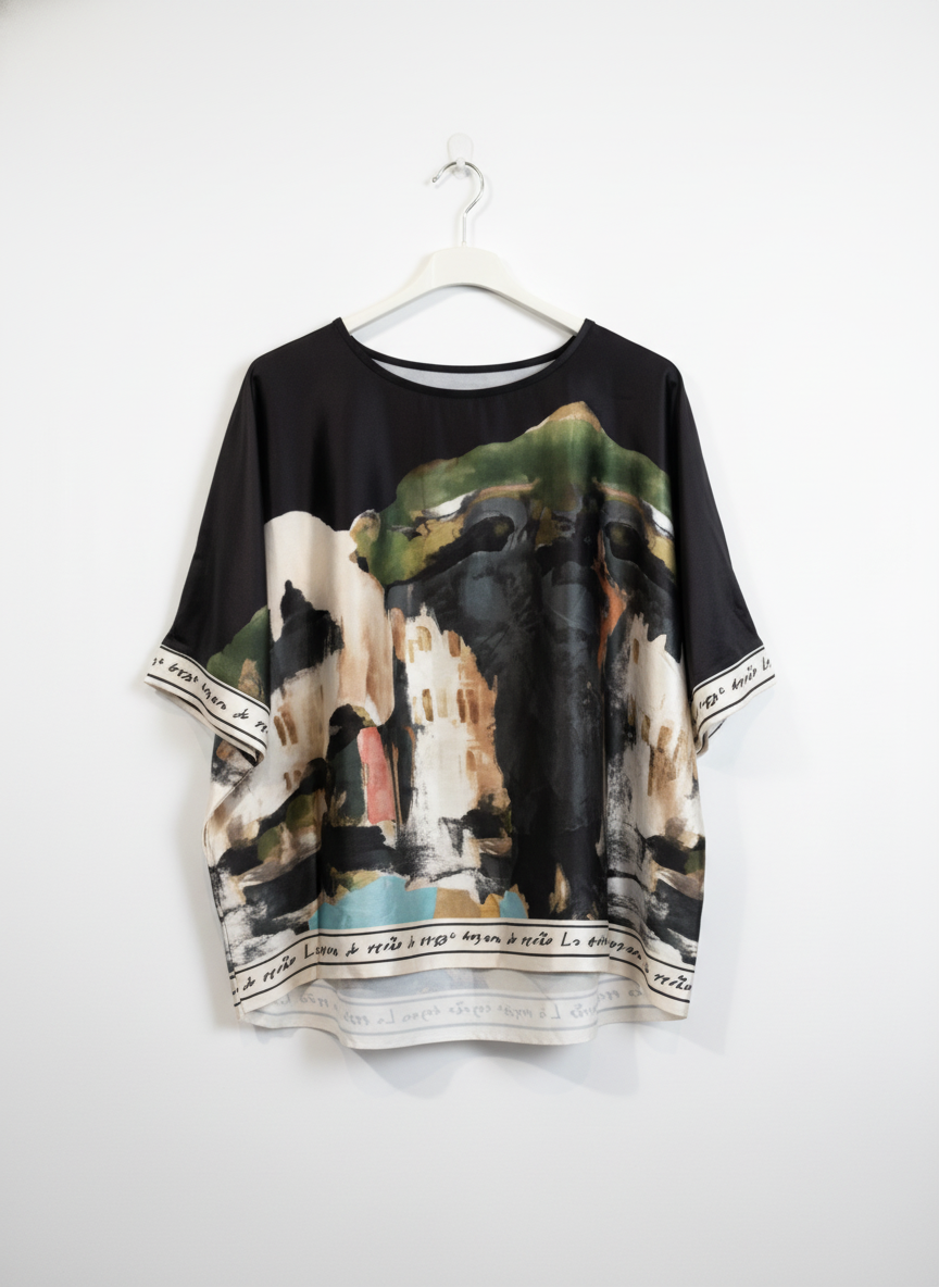 Take me to Italy - O/S Italian Watercolour Pant & Relaxed Oversized Top  Set-BLACK- Viscose/ Polyester blend, Made in Italy