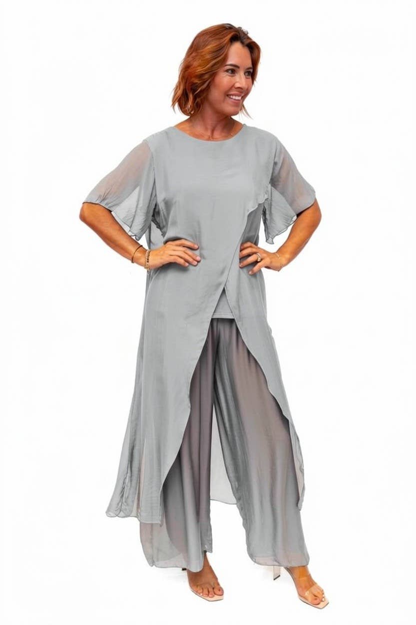 The Italian Closet - Avida- Grey-short sleeved side drape silk top