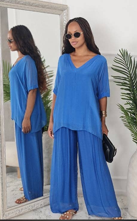 The Italian Closet - Faustina -Royal Blue-Silk Straight Leg Trousers
