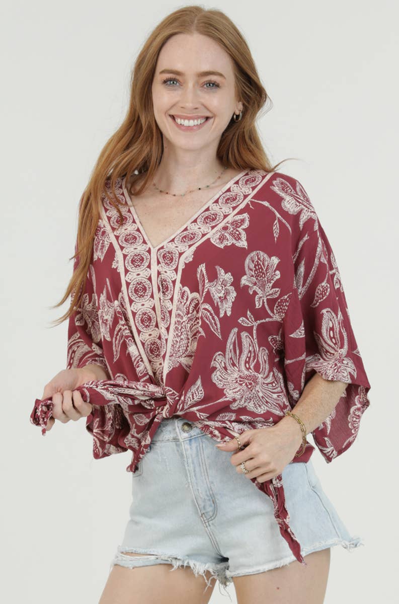 Nostalgia - N2Q81-A954 V-NECK TIE FRONT SHORT SLEEVE TOP - WINE / M