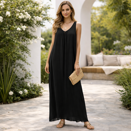 VeraMay - 6796 Nero Black Italian Made & Designed Silk Maxi Dress - S/m ok