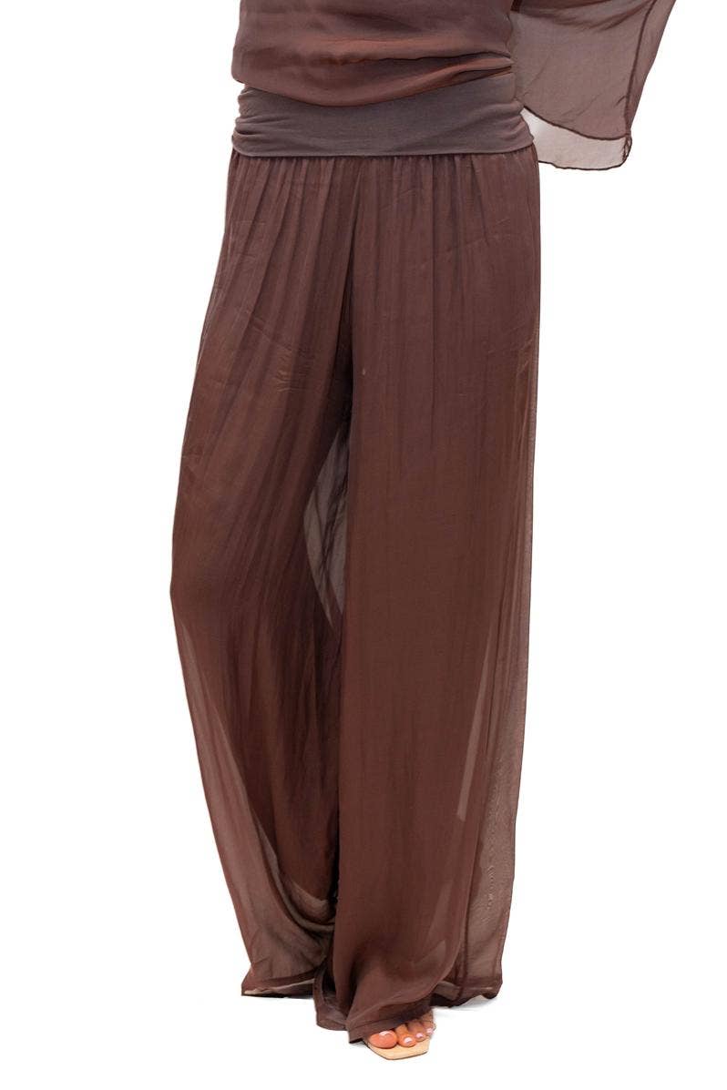 The Italian Closet - Adeline Pant- Choc- Silk pant with open hem and soft band