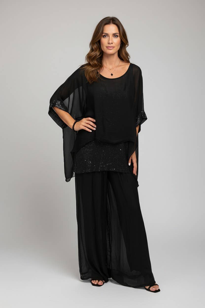 The Italian Closet - Elvera- Black- Silk tunic with sequin panel