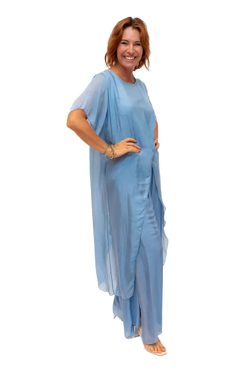 The Italian Closet - Avida- Denim-short sleeved side drape silk top