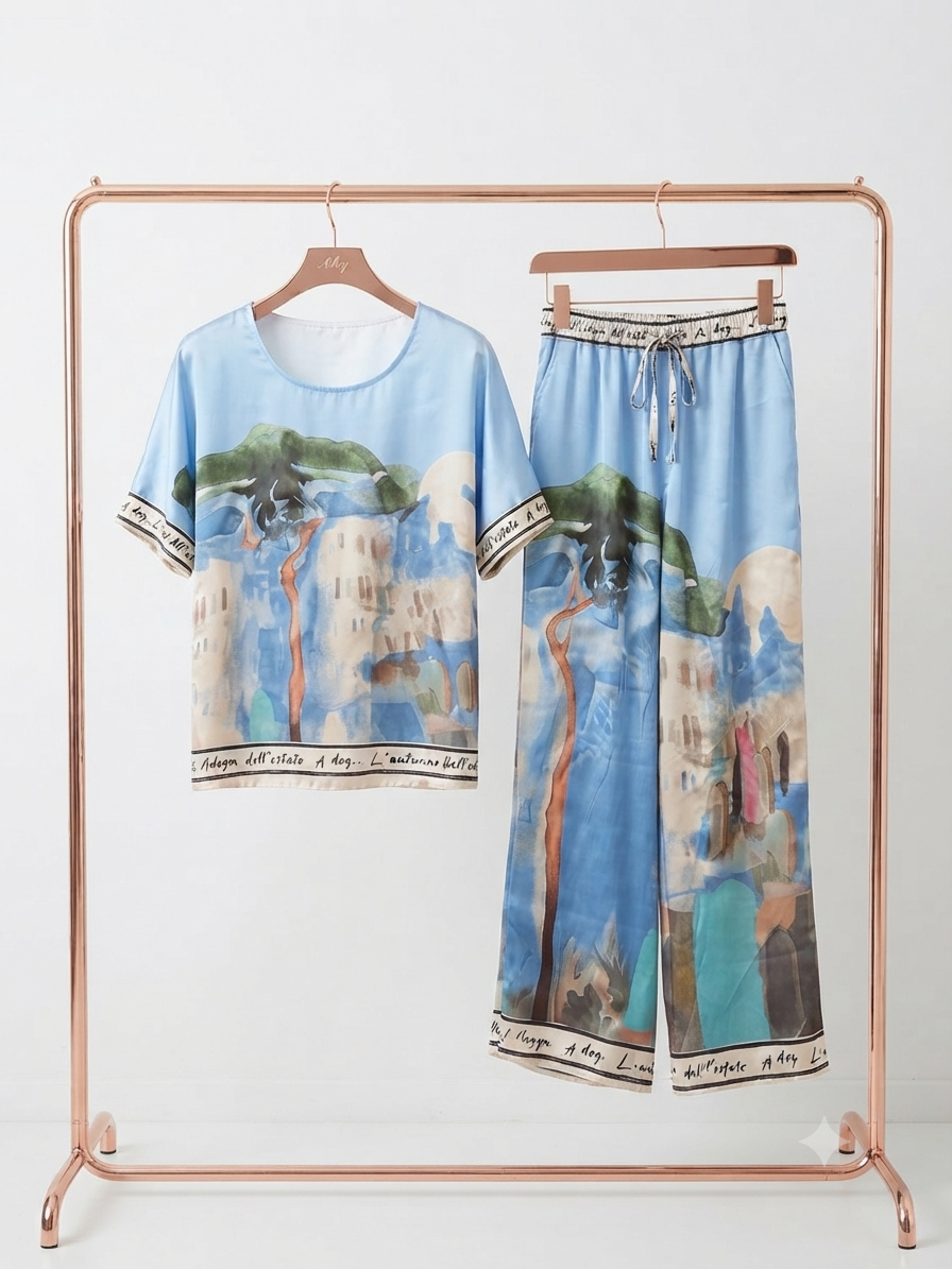 Take me to Italy - O/S - Italian Watercolour Women’s Pant & Oversized Relaxed Top Set- BABY BLUE - Viscose/ Polyester blend, Made in Italy