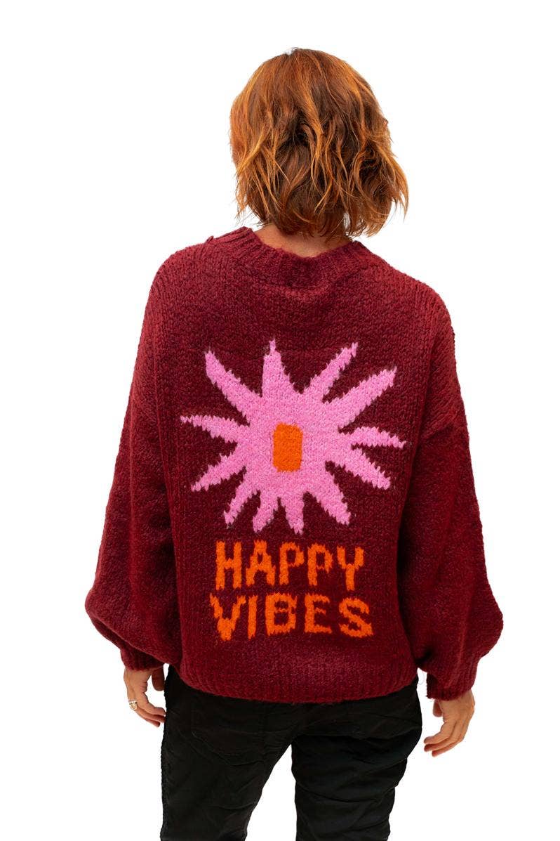The Italian Closet - Vibe- Bordeaux- Wool Mix Knit with Happy Vibes