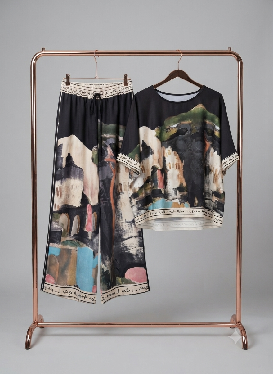 Take me to Italy - O/S Italian Watercolour Pant & Relaxed Oversized Top  Set-BLACK- Viscose/ Polyester blend, Made in Italy
