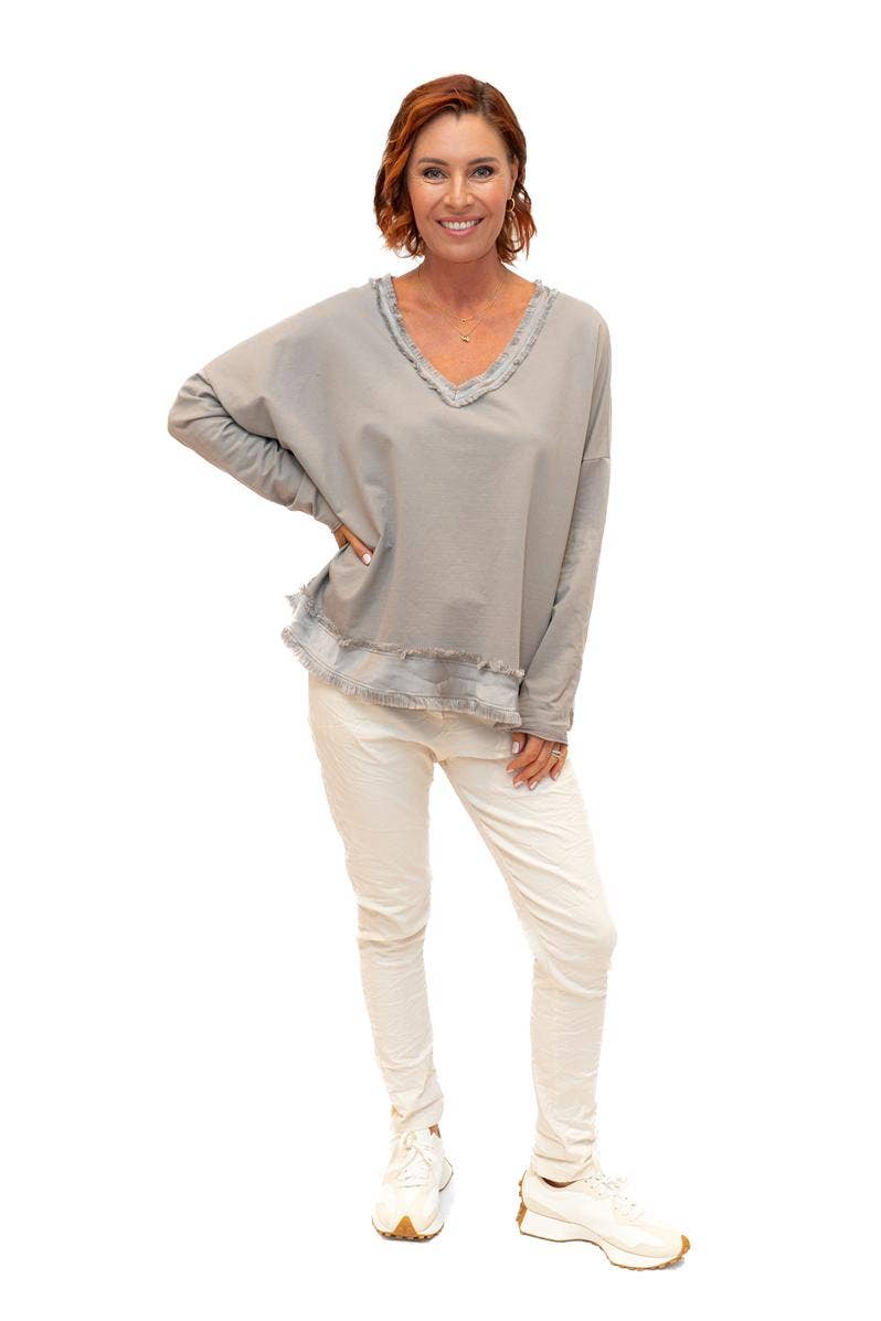 The Italian Closet - Baker- Taupe V Neck Fray Trim Satin hem cotton L/S Top