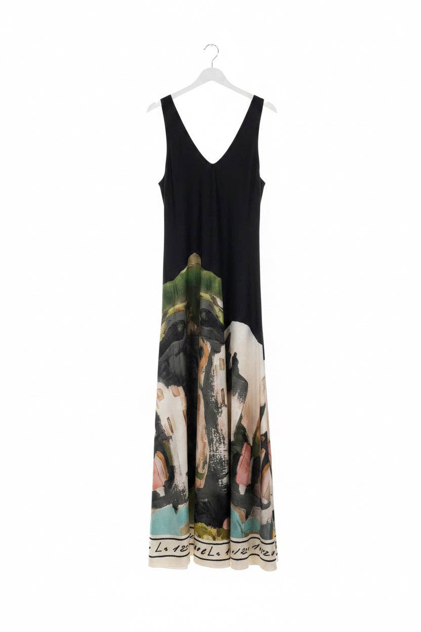 Take me to Italy - O/S Italian Silk WIDE STRAP V-Maxi Dress -BLACK