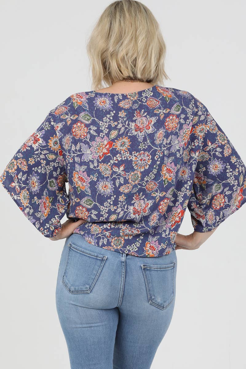 Nostalgia - N2Q81-FQ39 V NECK TIE WAIST KIMONO SLEEVE BLOUSE - M