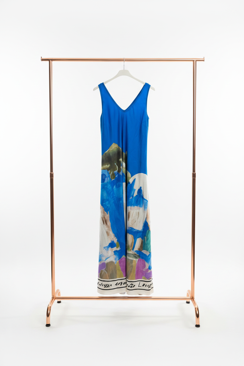 Take me to Italy - O/S Italian Silk WIDE STRAP V-Maxi Dress -ELECTRIC BLUE-Watercolour print, Made in Italy, Viscose/Silk blend - One size