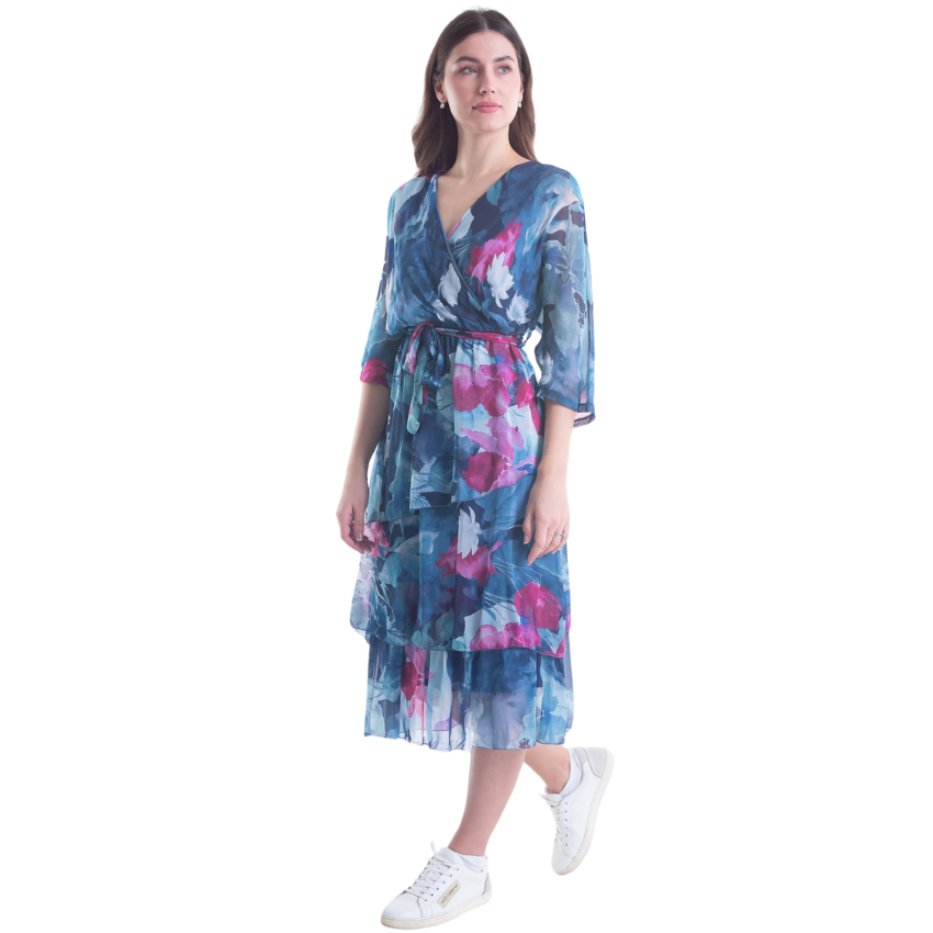 VeraMay - 6171 Blue Tuliplano Vera May Italian Silk Floral Dress - S