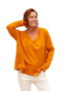 The Italian Closet - Baker- Tangerine V Neck Fray Trim Satin hem cotton L/S Top