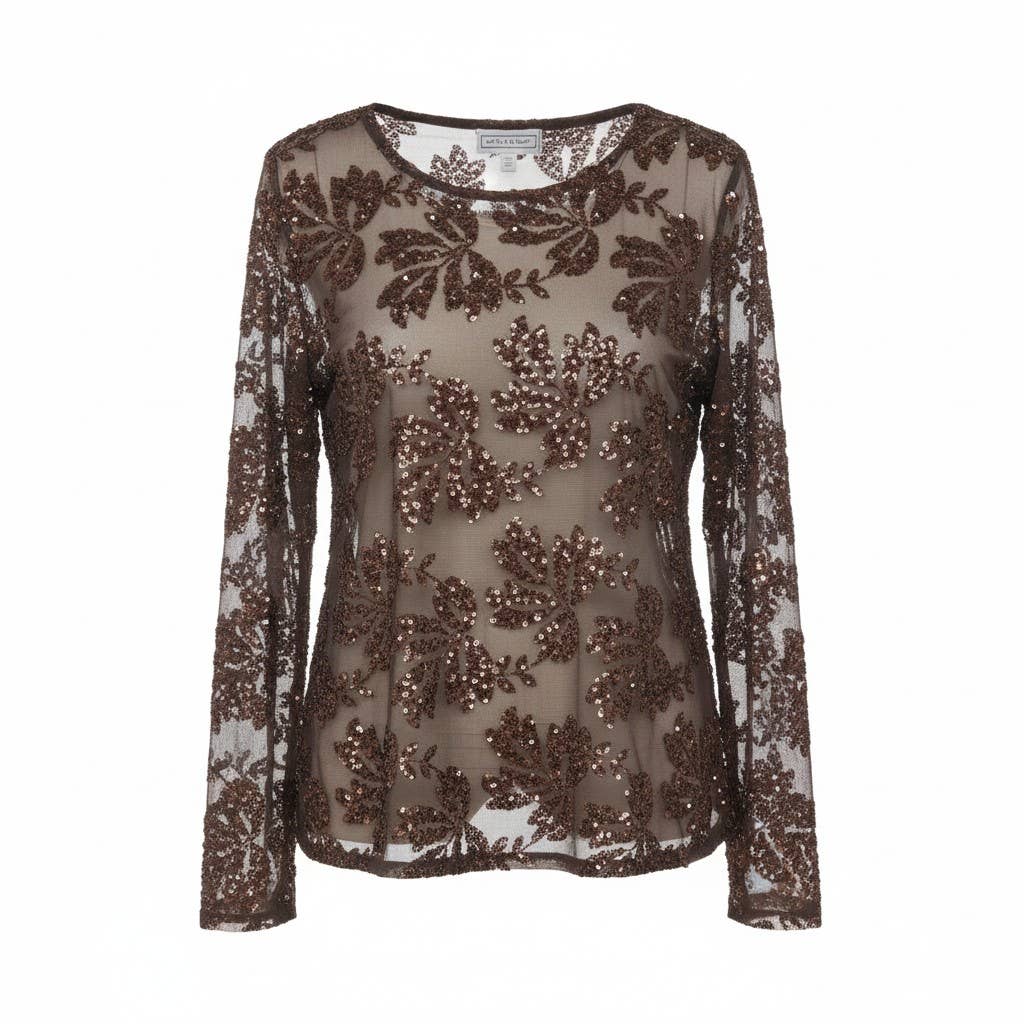The Italian Closet - Cruz- Chocolate- Mesh sleeved top with sequin embelishment