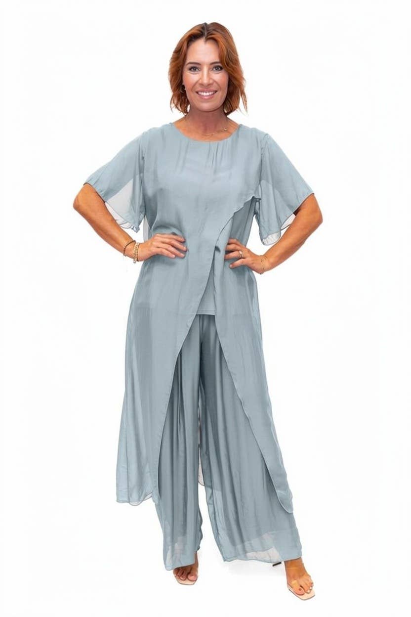 The Italian Closet - Avida- Grey-short sleeved side drape silk top