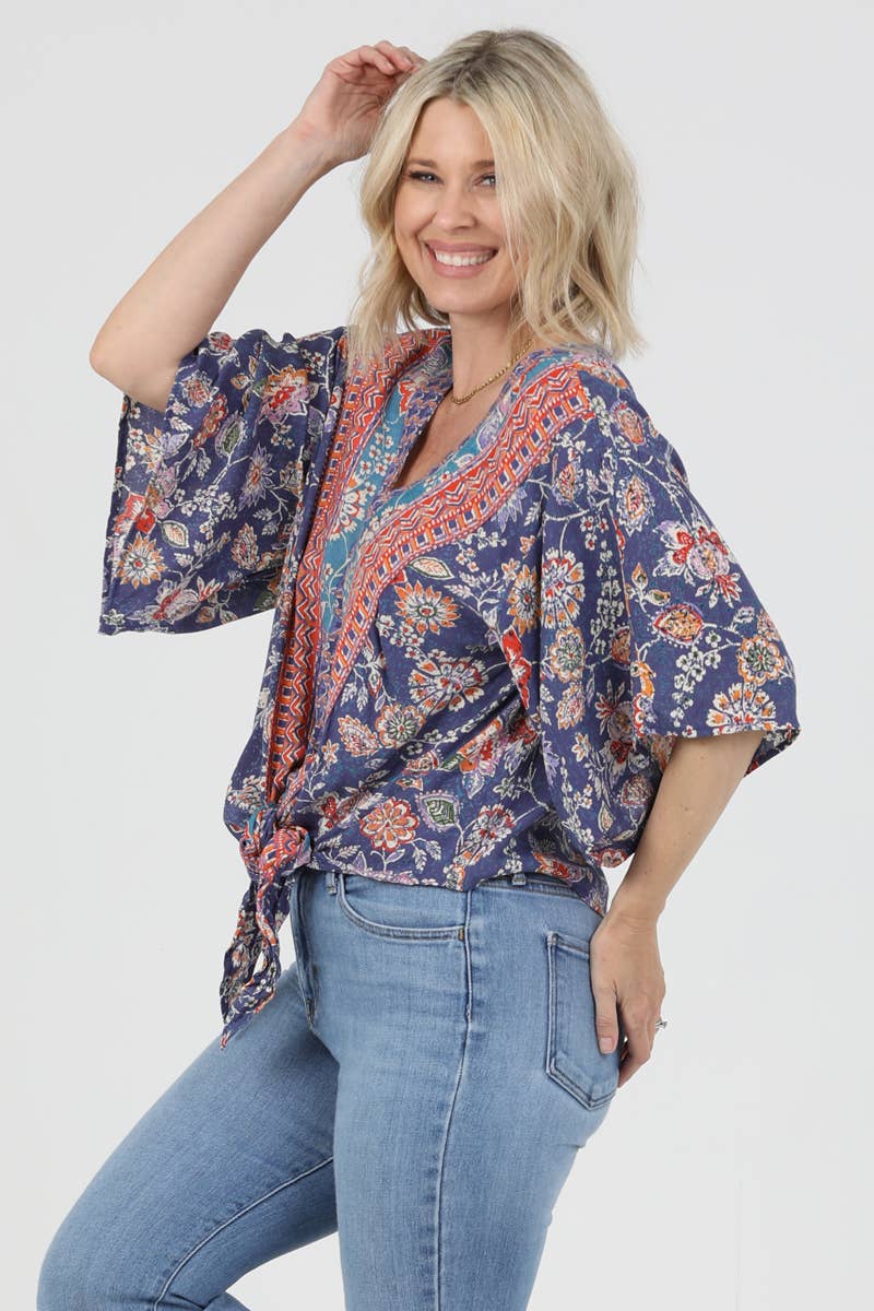 Nostalgia - N2Q81-FQ39 V NECK TIE WAIST KIMONO SLEEVE BLOUSE - L