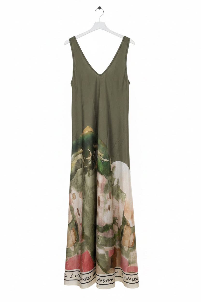Take me to Italy - Italian Silk WIDE STRAP V-Maxi Dress -OLIVE