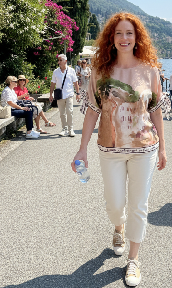 Take me to Italy - Relaxed Fit Watercolor Lustrous Women's  Top - GOLDEN BEIGE- Made in Italy ,O/S