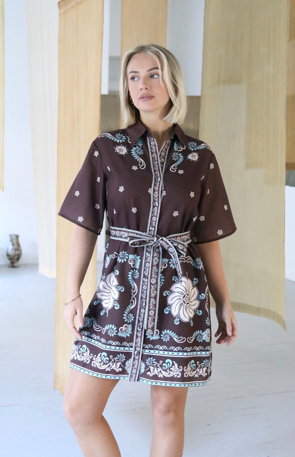 Salty Bright - Short Sleeve Choc/Blue Shirt Dress